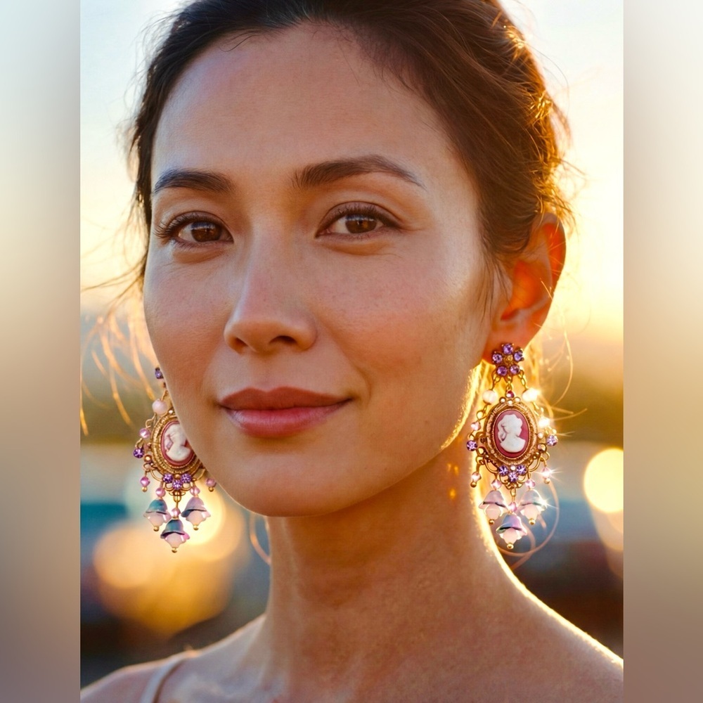 Vintage Retro Floral Cameo Dangle Earrings – French Elegant Style*